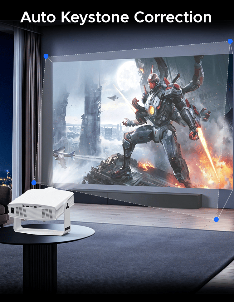 Auto keystone correction — a projector on a side table throwing an off-axis image onto a wall screen, with corner markers showing the picture being pulled square.
